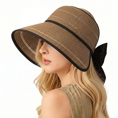 Womens Wide Brim Straw Visor Hat Breathable Foldable Summer Sun Hat Beach Vacation Hat