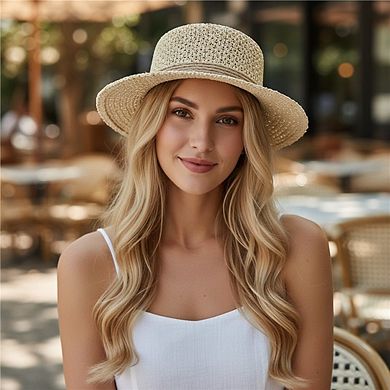 Womens Flat Top Straw Boater Hat Wide Brim Summer Beach Vacation Sun Hat