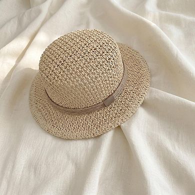 Womens Flat Top Straw Boater Hat Wide Brim Summer Beach Vacation Sun Hat