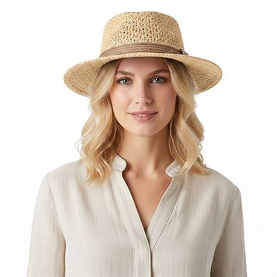 Womens Flat Top Straw Boater Hat Wide Brim Summer Beach Vacation Sun Hat