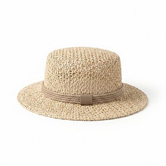 Womens Flat Top Straw Boater Hat Wide Brim Summer Beach Vacation Sun Hat