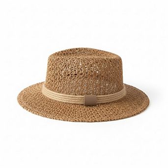 Womens Flat Top Straw Boater Hat Wide Brim Summer Beach Vacation Sun Hat