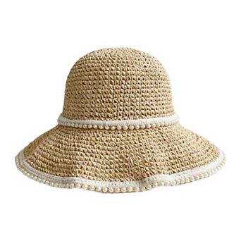 Womens Wide Brim Straw Sun Hat Fabric Trim Beach Vacation UV Protection Summer Hat