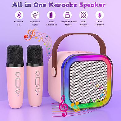 Mini Kids Karaoke Machine, Portable Bluetooth Speaker w/ 2 Wireless Mics, LED Lights