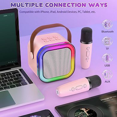 Mini Kids Karaoke Machine, Portable Bluetooth Speaker w/ 2 Wireless Mics, LED Lights