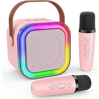 Mini Kids Karaoke Machine, Portable Bluetooth Speaker w/ 2 Wireless Mics, LED Lights