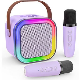 Mini Kids Karaoke Machine, Portable Bluetooth Speaker w/ 2 Wireless Mics, LED Lights