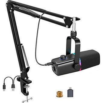 Boom Arm Stand XLR/USB Dynamic Gaming Mic, RGB/Mute/Gain/Jack/Boom Arm for Streaming/YouTube
