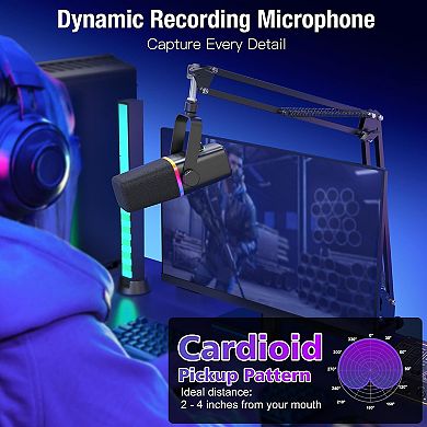 Boom Arm Stand XLR/USB Dynamic Gaming Mic, RGB/Mute/Gain/Jack/Boom Arm for Streaming/YouTube