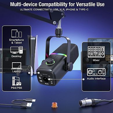 Boom Arm Stand XLR/USB Dynamic Gaming Mic, RGB/Mute/Gain/Jack/Boom Arm for Streaming/YouTube