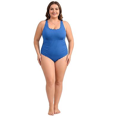Charmo Women's Plus Size Ribbed Scallop Edge Ruched One Piece Swimsuit