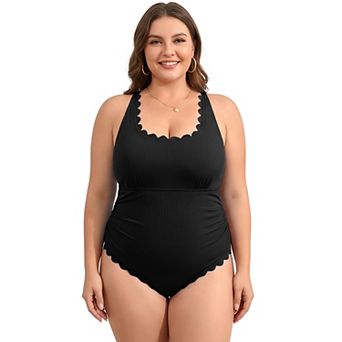 Charmo Women's Plus Size Ribbed Scallop Edge Ruched One Piece Swimsuit
