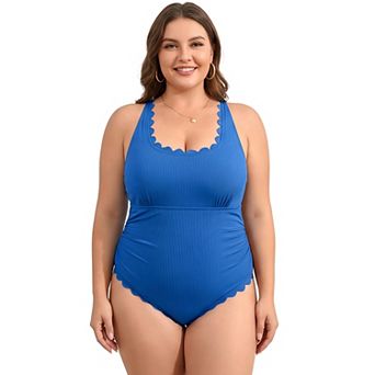 Charmo Women's Plus Size Ribbed Scallop Edge Ruched One Piece Swimsuit
