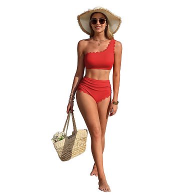 Charmo Women's One Shoulder Scallop Edge High Waisted Bikini Set with Removable Straps
