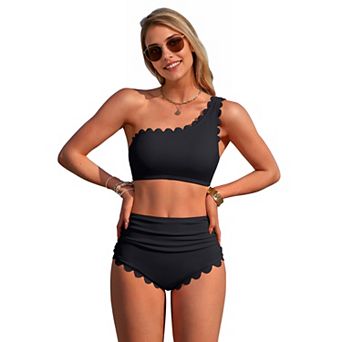Charmo Women's One Shoulder Scallop Edge High Waisted Bikini Set with Removable Straps