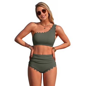 Charmo Women's One Shoulder Scallop Edge High Waisted Bikini Set with Removable Straps