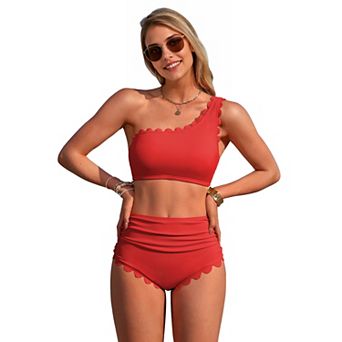 Charmo Women's One Shoulder Scallop Edge High Waisted Bikini Set with Removable Straps