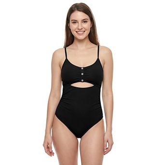 Charmo Women's Ribbed Cutout Crisscross Back One Piece Swimsuit with Button Detail
