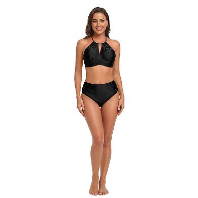 Charmo Women Halter Keyhole High Waist Crisscross Back Bikini Set