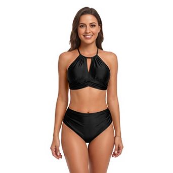 Charmo Women Halter Keyhole High Waist Crisscross Back Bikini Set