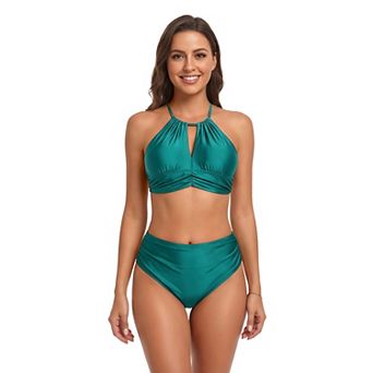 Charmo Women Halter Keyhole High Waist Crisscross Back Bikini Set