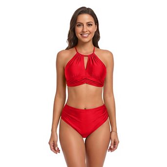 Charmo Women Halter Keyhole High Waist Crisscross Back Bikini Set