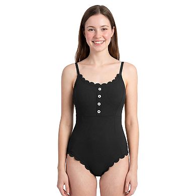 Charmo Women's Ribbed Scallop Edge One Piece Swimsuit with Button Detail & Adjustable Straps