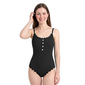 Charmo Women's Ribbed Scallop Edge One Piece Swimsuit with Button Detail & Adjustable Straps