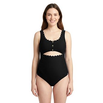 Charmo Women's Maternity Scallop Edge Cutout One Piece Swimsuit with Adjustable Straps