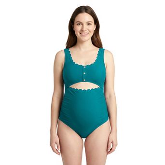 Charmo Women's Maternity Scallop Edge Cutout One Piece Swimsuit with Adjustable Straps