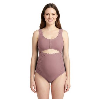 Charmo Women's Maternity Scallop Edge Cutout One Piece Swimsuit with Adjustable Straps