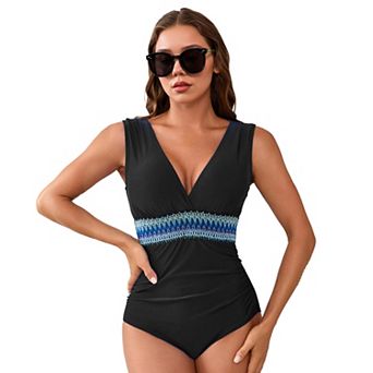 Charmo Women's Tummy Control V Neck One Piece Swimsuit with Decorative Waist Band