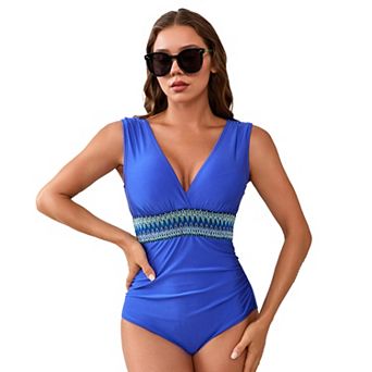 Charmo Women's Tummy Control V Neck One Piece Swimsuit with Decorative Waist Band