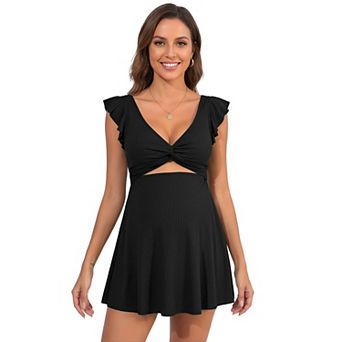 Charmo Women's Maternity Ribbed Ruffle Sleeve Cutout Swim Dress with Built-in Briefs