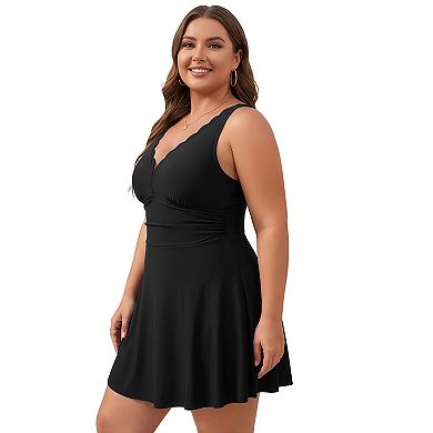 Charmo Women's Plus Size Scallop Edge V Neck Ruched Waist Swim Dress with Built-in Briefs