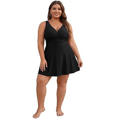 Charmo Women's Plus Size Scallop Edge V Neck Ruched Waist Swim Dress with Built-in Briefs