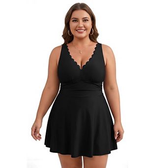 Charmo Women's Plus Size Scallop Edge V Neck Ruched Waist Swim Dress with Built-in Briefs