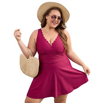 Charmo Women's Plus Size Scallop Edge V Neck Ruched Waist Swim Dress with Built-in Briefs
