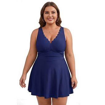 Charmo Women's Plus Size Scallop Edge V Neck Ruched Waist Swim Dress with Built-in Briefs