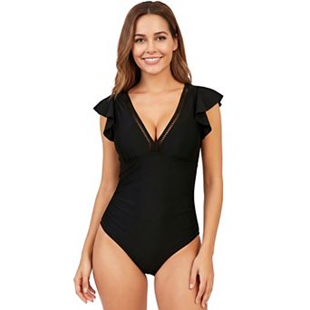 Charmo Women's Ruffle Sleeve One Piece Swimsuit with V-Neck Ladder Trim & Open Back
