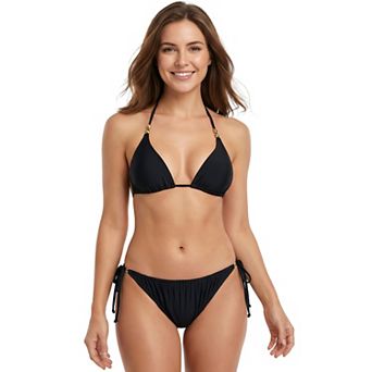 Charmo Women's Solid Triangle Halter Bikini Set with Adjustable Tie Side Bottoms