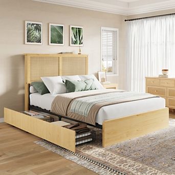 Bohemian Platform Bed Frame with Rattan Storage Headboard, Adjustable Led Lights, Wooden Support Leg