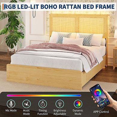 Bohemian Platform Bed Frame with Rattan Storage Headboard, Adjustable Led Lights, Wooden Support Leg