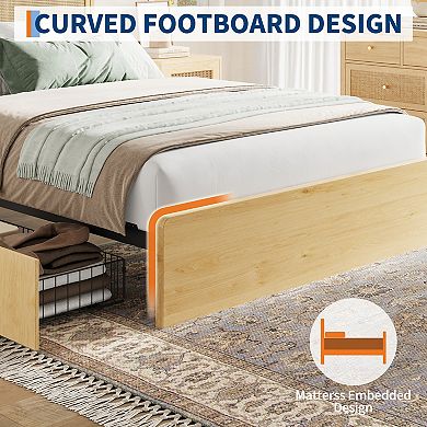 Bohemian Platform Bed Frame with Rattan Storage Headboard, Adjustable Led Lights, Wooden Support Leg