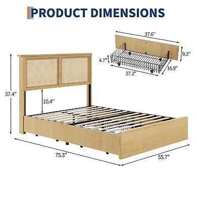 Bohemian Platform Bed Frame with Rattan Storage Headboard, Adjustable Led Lights, Wooden Support Leg