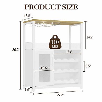 Wine Bar Rack Cabinet, Adjustable Shelves Coffee Bar Cabinet with Mesh Door and Baffle Design