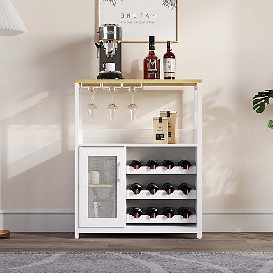 Wine Bar Rack Cabinet, Adjustable Shelves Coffee Bar Cabinet with Mesh Door and Baffle Design