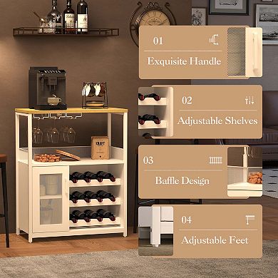 Wine Bar Rack Cabinet, Adjustable Shelves Coffee Bar Cabinet with Mesh Door and Baffle Design