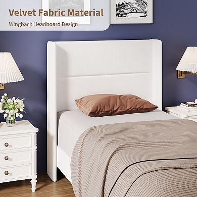 Set of 2 Twin Size Bed Frame with Wingback Headboard, Velvet Upholstered Platform Bed frame with Woo