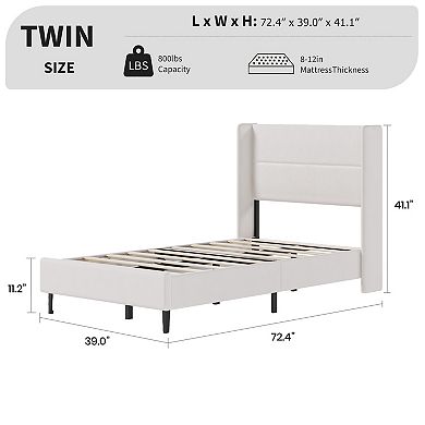 Set of 2 Twin Size Bed Frame with Wingback Headboard, Velvet Upholstered Platform Bed frame with Woo